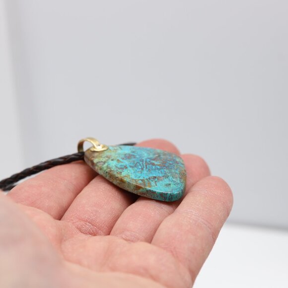 Chrysocolla Natural Stone Necklace 14K Yellow Gold & Leather - Picture 4 of 11